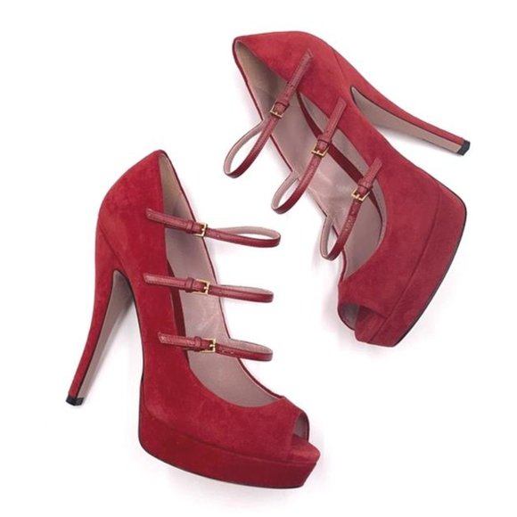 Gucci Shoes - GUCCI Peep Toe Rose Bed Strappy Platform Heels